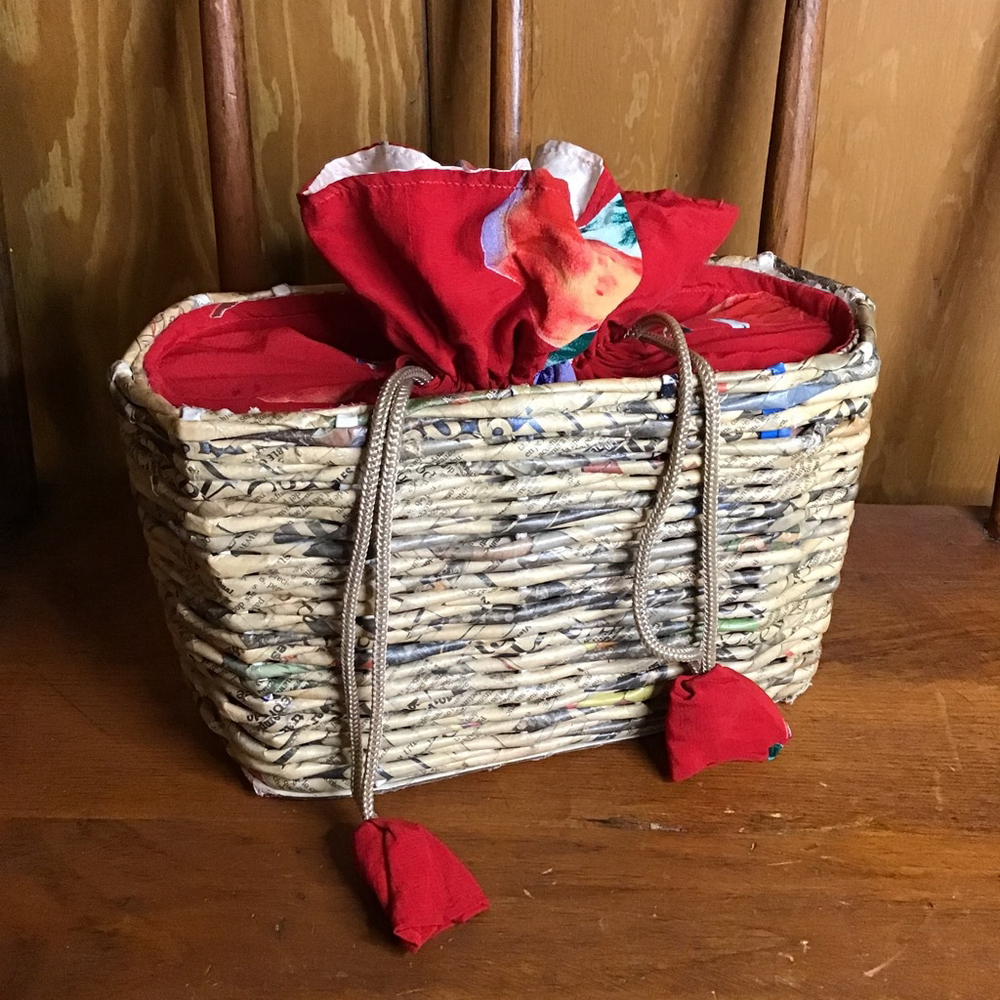 Rolled Newspaper Craft Beige and Red Woven Basket with Fabric Liner Purse Bag